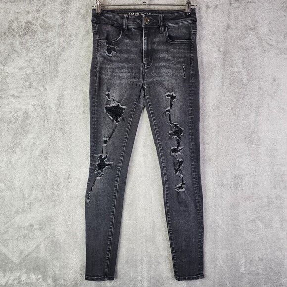 Womens Black American Eagle Jeans Jegging Hi Rise Distressed 27" Inseam Size 4 - Picture 1 of 16